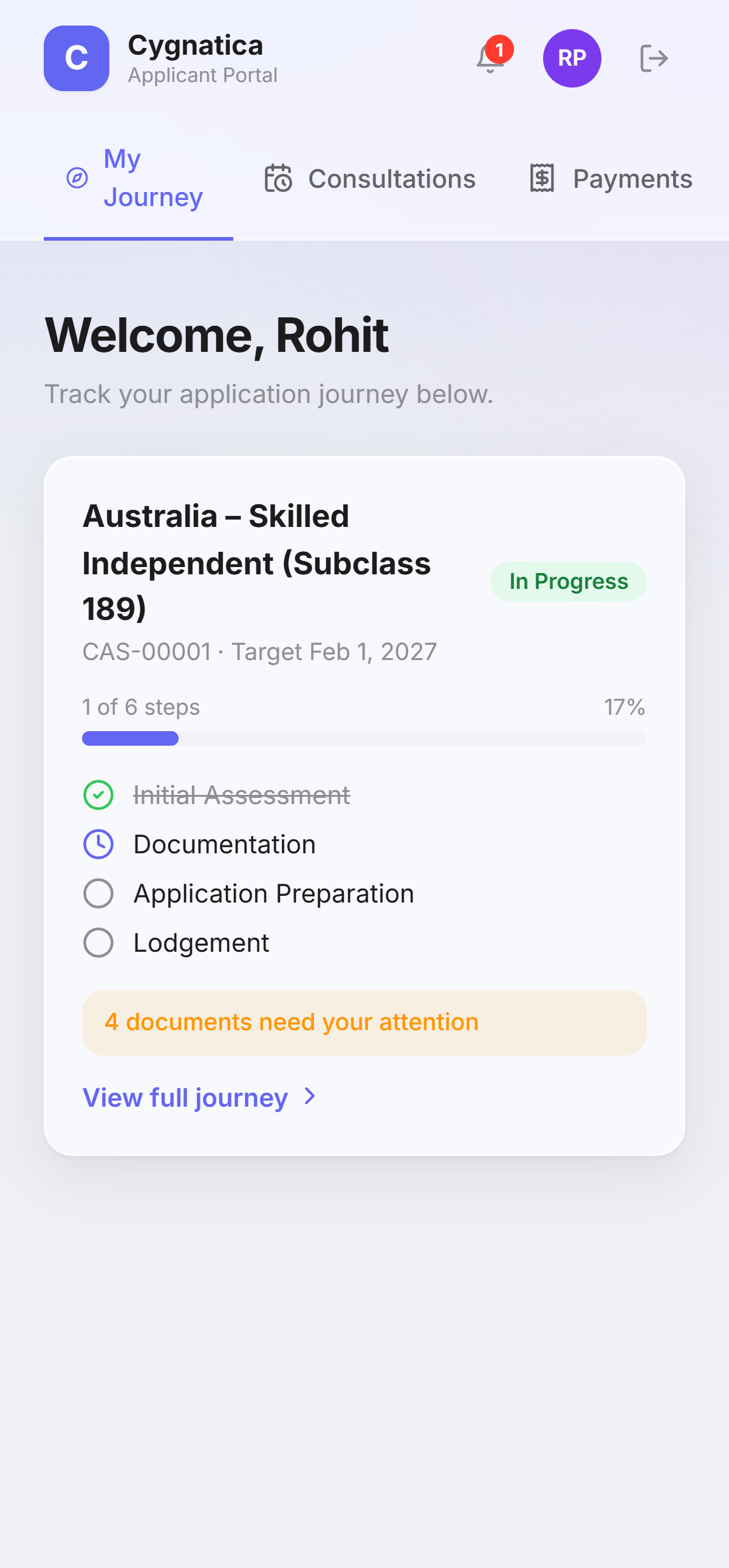 Cygnatica CRM candidate portal on a mobile phone showing the visa journey